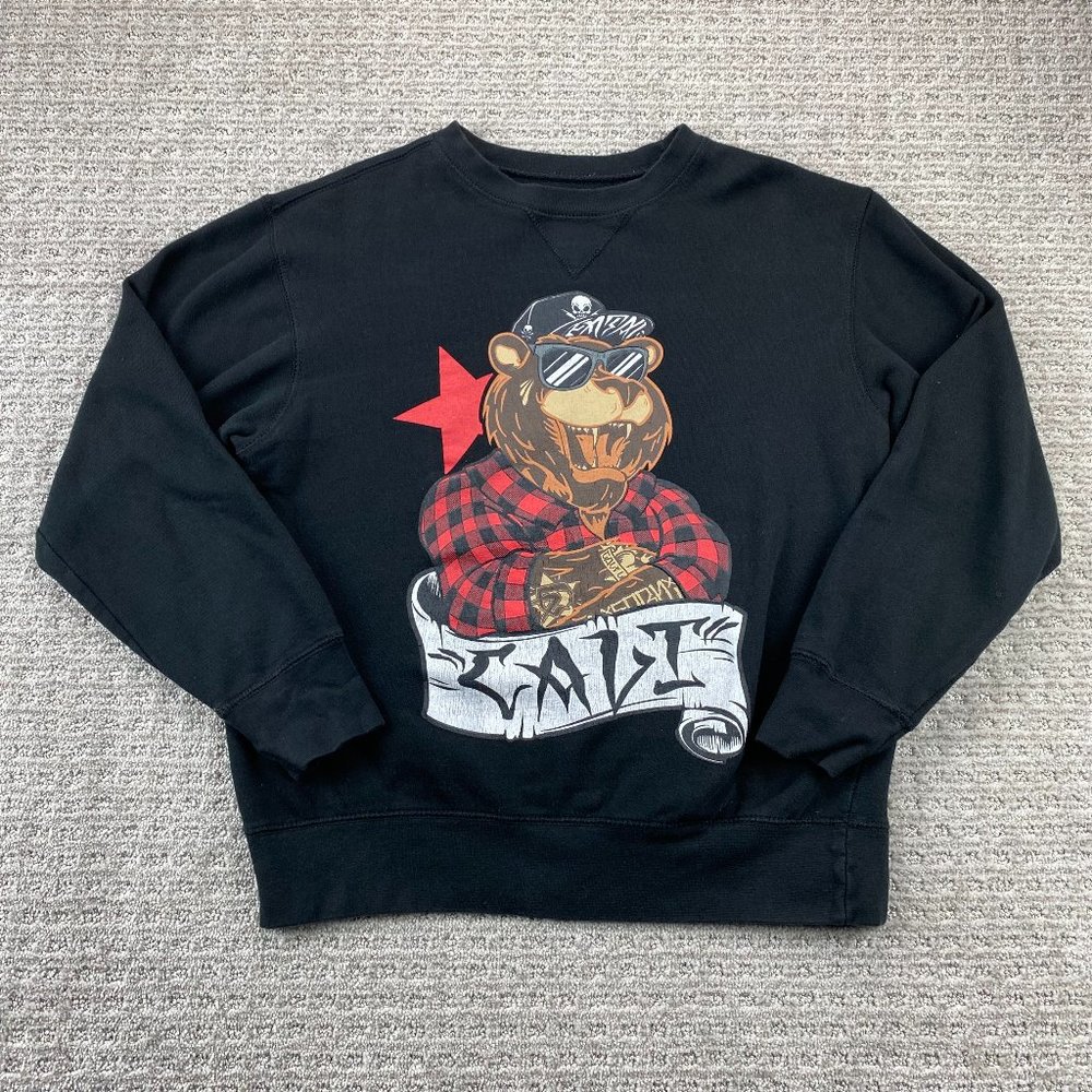 Fatal Crew Sweater Women Small S Black Crew Neck Pullover Bear CALI Sweatshirt